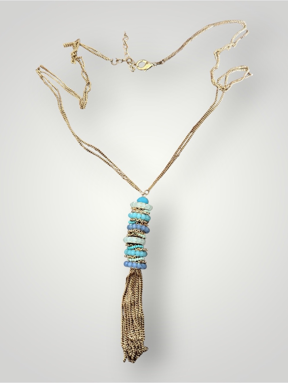 Gold Chain Tassel Necklace with Blue Turquoise Beads - Women Jewelry